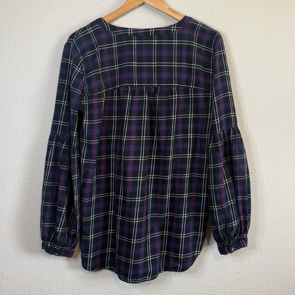 Loft Black Tartan Plaid Split Neck Long Balloon Sleeve Tunic Top Size Large - Picture 7 of 12
